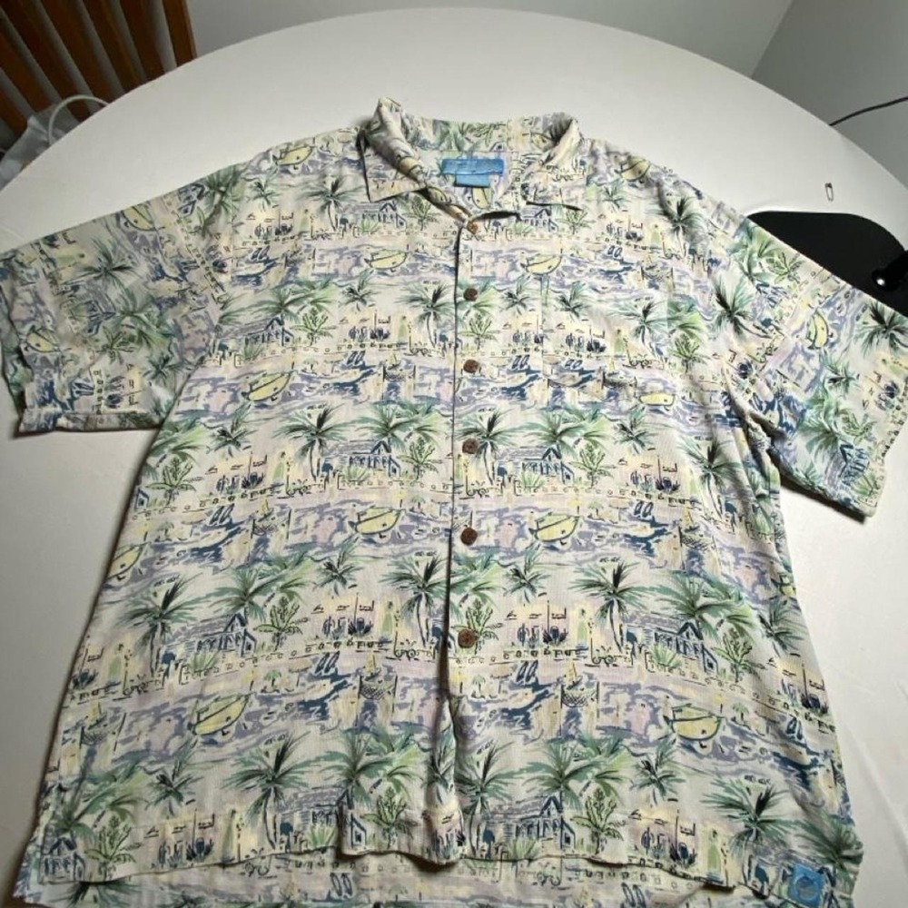 Bermuda Bay 100% Silk Hawaiian Camp Shirt Mens XL Tropical Palm Tree Boat Cream